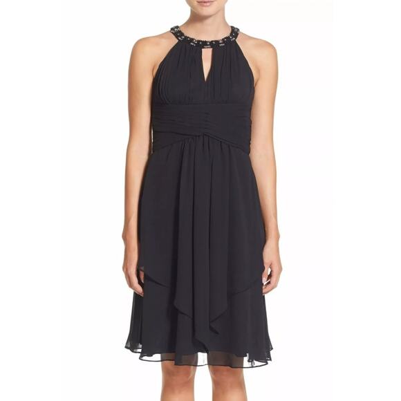 Eliza J Cocktail Dress 10 Black Chiffon Embellished Neck Elegant Feminine Event - Picture 16 of 16